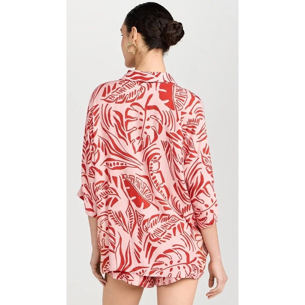 Seven Wonders Short Set Women Large Pink Red Tropical Leaf Button Down Shorts